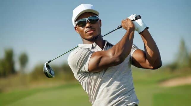 Golfer mit Sonnenbrille und Cap in Nahaufnahme nach dem Schlag, der den Schläger über der Schulter hält und selbstbewusst in die Ferne blickt.