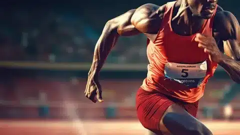 Sprinter im Startlauf im Stadion, der mit Mentaltraining für Sportler maximale Explosivität und Fokus zeigt.