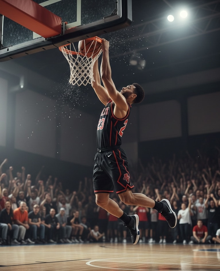 Basketballspieler beim kraftvollen Dunking vor jubelndem Publikum, Symbol für die enge Verbindung von Sport und Psychologie.